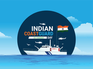Indian Coast Guard Day is observed on 1 February every year to honor the important role that the organization plays Editable Vector Illustration, Indian Coast Guard patrolling surveillance boats - obrazy, fototapety, plakaty