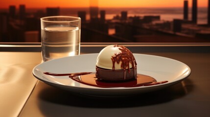 The photograph showcases a sophisticated dessert, featuring a milk chocolate souffl that defies gravity with its perfectly risen dome, served alongside a scoop of creamy vanilla bean ice - obrazy, fototapety, plakaty