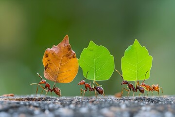 Ants are carrying leaves to make nests