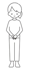 モノクロ｜笑顔でお辞儀をする女性｜私服