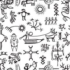 Seamless pattern with northern styled ornament and doodle elements of unuit, chukchi, American native art, mystical emblems