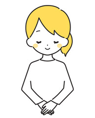 Obraz premium 黄色｜笑顔でお辞儀をする女性｜私服