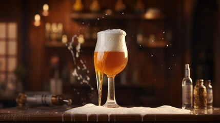 Fototapeta na wymiar In this visually stunning shot, a farmhouse ale gushes forth from a tap, propelled by carbonation, creating a mesmerizing cascade of creamy foam. The glass awaits, inviting the viewer to