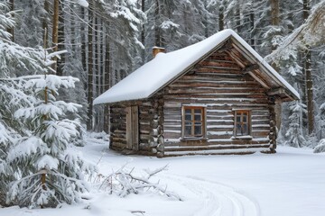 Rustic wooden cabin in a snowy forest