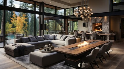 Fototapeta premium contemporary living room with views of the open concept kitchen, dining room, living room and fireplace