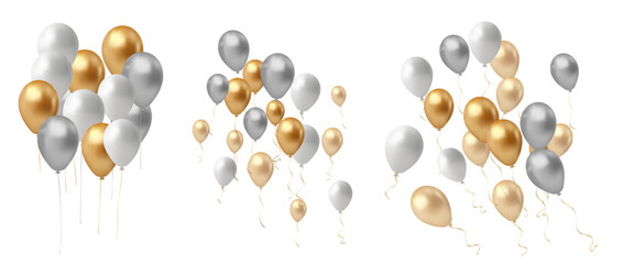 Set of gold, silver and white balloons isolated on transparent background. Vector illustration