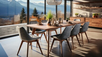 design a dining room close to the kitchen and a window with a beautiful view
