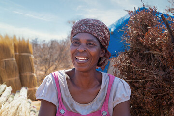 Smiling african woman in the village ,shack in the background, working camp cutting thatch grass ,...