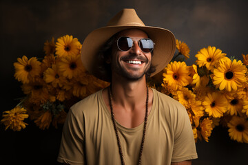 Retrato de hombre con sombrero y lentes de sol sonriendo sobre fondo de margaritas.