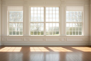 large windows exhibiting room interiors of a colonial revival house  - obrazy, fototapety, plakaty