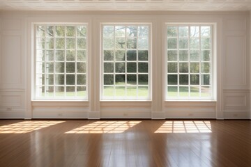 large windows exhibiting room interiors of a colonial revival house 
