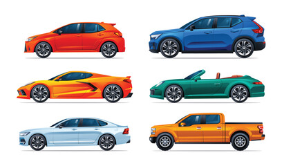 Set of cars in different types. Side view car vector illustration - obrazy, fototapety, plakaty