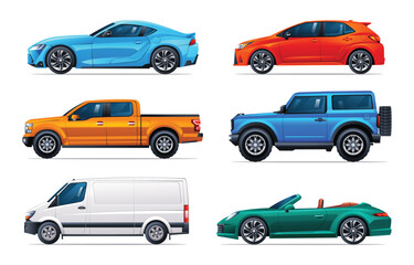 Set of cars in different types. Side view car collection vector illustration