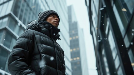 Take on the cold weather in style with a combination of an alpine down jacket, thermal crew neck and softshell climbing leggings for a chic and functional look. - obrazy, fototapety, plakaty