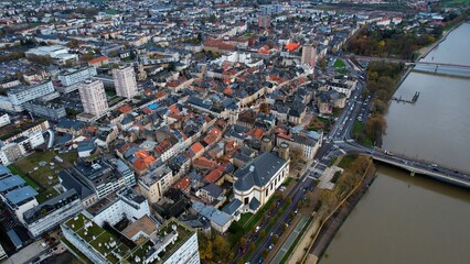 Fototapeta na wymiar Aerial view around the old town of the city Thionville in France on a sunny day in spring.