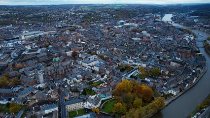 Aerial view around the old town of the city Namur in Belgium on a sunny day in autumn.