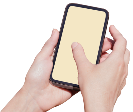 Mockup image of a woman holding black mobile phone with blank screen . Woman hands using smartphone. on transparent, png