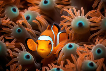 Anemonefish reef marine clown sea ocean anemone tropical underwater clownfish nature animals fish - obrazy, fototapety, plakaty