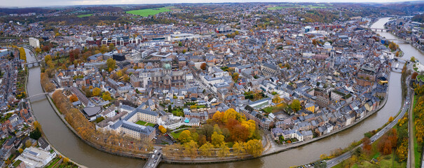 Aerial view around the old town of the city Namur in Belgium on a sunny day in autumn.