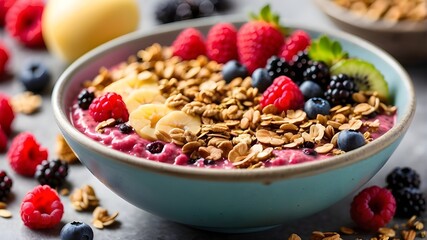 A close up of a colorful smoothie bowl, adorned with granola and fresh berries