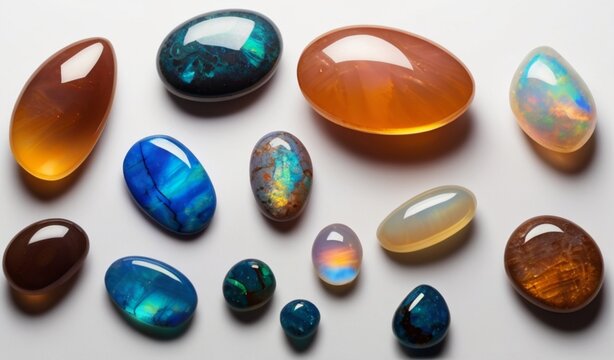 Shining beautiful opal gemstone on plain white background from AI Generative