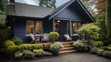 Front porch of a gray brick house with a gray house concept - Powered by Adobe