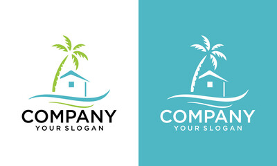 Creative house with palm tree logo vector, tropical beach home or hotel icon design illustration. Palm and House Logo - Home and Tree Icon - Real Estate Vector Illustration