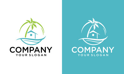 Creative house with palm tree logo vector, tropical beach home or hotel icon design illustration. Palm and House Logo - Home and Tree Icon - Real Estate Vector Illustration