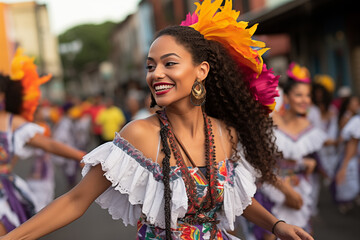  Chica Afro en Vestido Tradicional Baila con Gracia. - obrazy, fototapety, plakaty