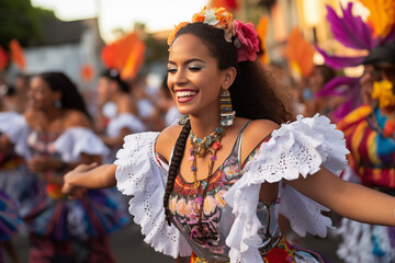 Hermosa Chica Afro con Sonrisa encantadora en Vestido Tradicional. - obrazy, fototapety, plakaty