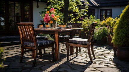 Fototapeta premium terrace with table and garden benches