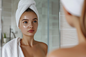 Portrait of young girl with towel on head in bathroom looks and touches her face in the mirror and enjoys youth and hydration