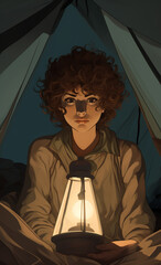 Wallpaper de a woman with short curly hair sitting in a tent with a lantern in front of him, in the style of subversive film