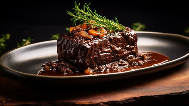 karubi beef short rib bone flanken style on black plate simple platting concept