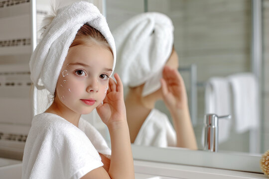 Portrait of young girl with towel on head in bathroom looks and touches her face in the mirror and enjoys youth and hydration