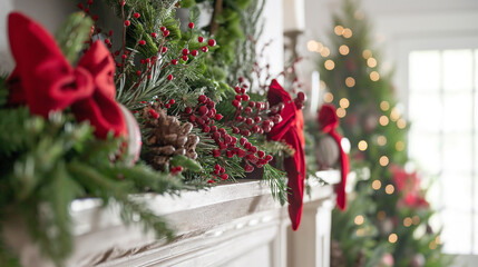 Fototapeta na wymiar Christmas mantel with red bows and greenery