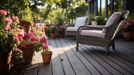 terrace of the house with gray furniture decorated with flowers and green plants