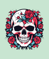 Skull with floral ornament. Vector illustration. Tattoo design