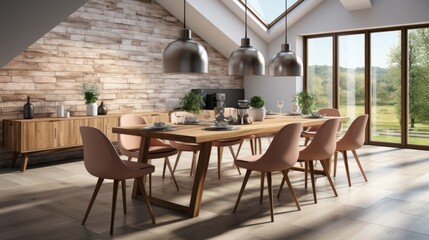 Fototapeta premium Stylish dining room interior with family table, modern chairs, plates with glasses. Concrete floor, white walls.