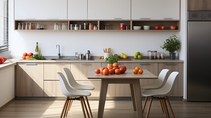bright white modern kitchen, wooden table with fresh vegetables fruit