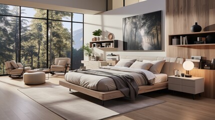 Modern bedroom interior with a large modern style bed with a natural view