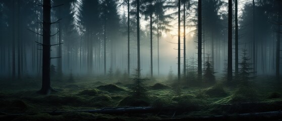 Panoramic landscape misty forest in morning 