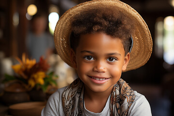 Niño latinoamericano con sombrero de paja y ropa tipica. - obrazy, fototapety, plakaty