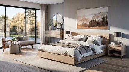 Cozy bedroom interior in modern design with bookshelves