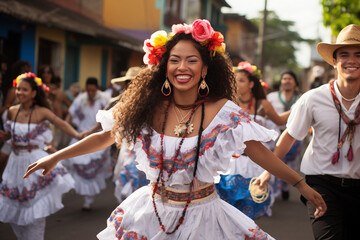 Ritmo y Belleza: Chica Afro con Largo Cabello Baila en Vestido Tradicional. - obrazy, fototapety, plakaty