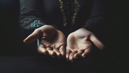 Both hands trying to receive something, palms showing, black background, close-up 