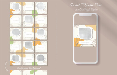 Social media feed post template set in grid puzzle style with organic shape background	