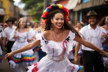 Hermosa chica afrodescendiente con cabello largo y gran sonrisa, viste un vestido tradicional mientras baila.