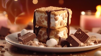 A vibrant and tantalizing image featuring a rich cocoadusted marshmallow cube sandwiched between two freshly baked soft cookies, forming an irresistible smoresinspired dessert that melts