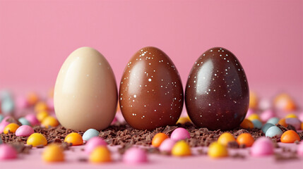 Happy Easter banner decoration. Three chocolate Easter eggs in row on rose background.